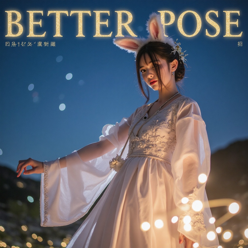 Visualize a dreamy night scene where a young woman dressed in a traditional hanfu stands gracefully under a starry sky. He...