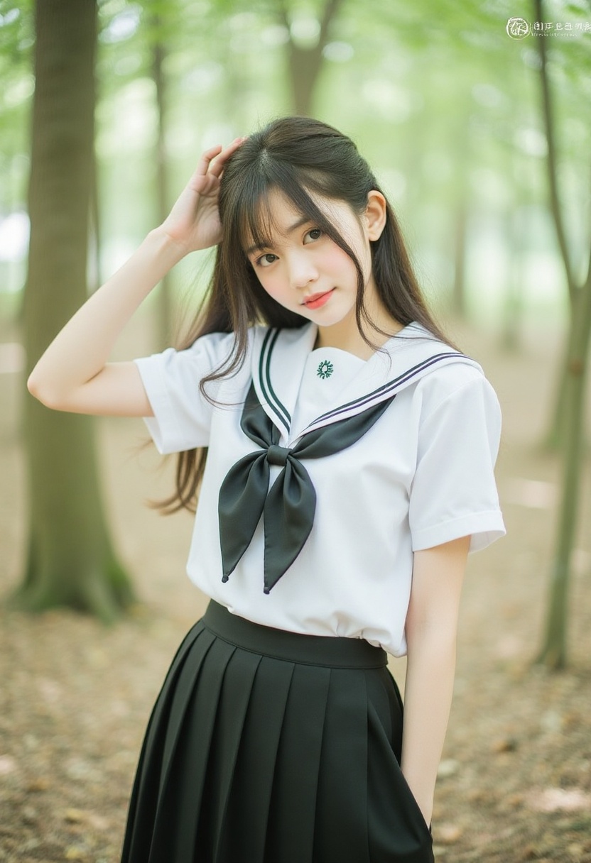 In a serene forest setting,  a young woman poses with one hand resting on her head and the other by her side. She wears a...