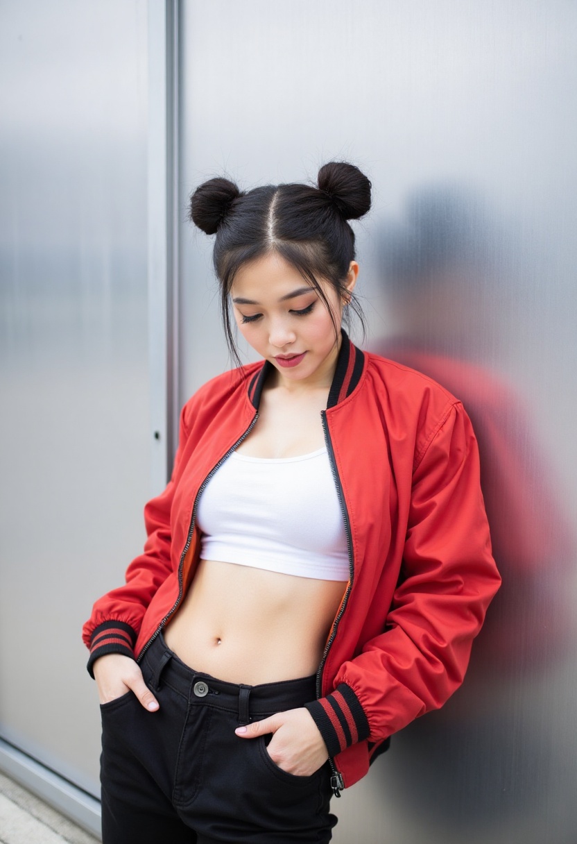 The girl leans casually against a sleek metal wall,  she is unzipping her jacket,  her red bomber jacket zipped halfway do...