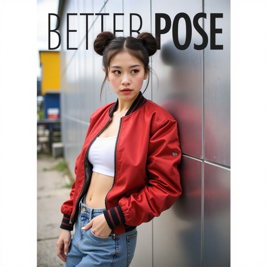 Picture a young woman leaning casually against a sleek metal wall,  her red bomber jacket zipped halfway down to reveal a...