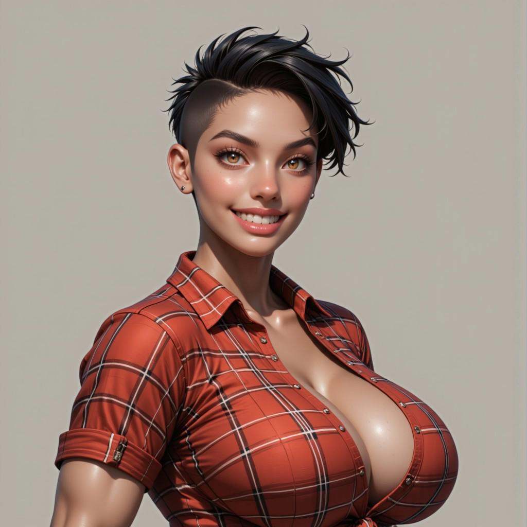 This is a highly detailed,  hyper-realistic CGI illustration featuring a confident woman with a muscular,  athletic build....