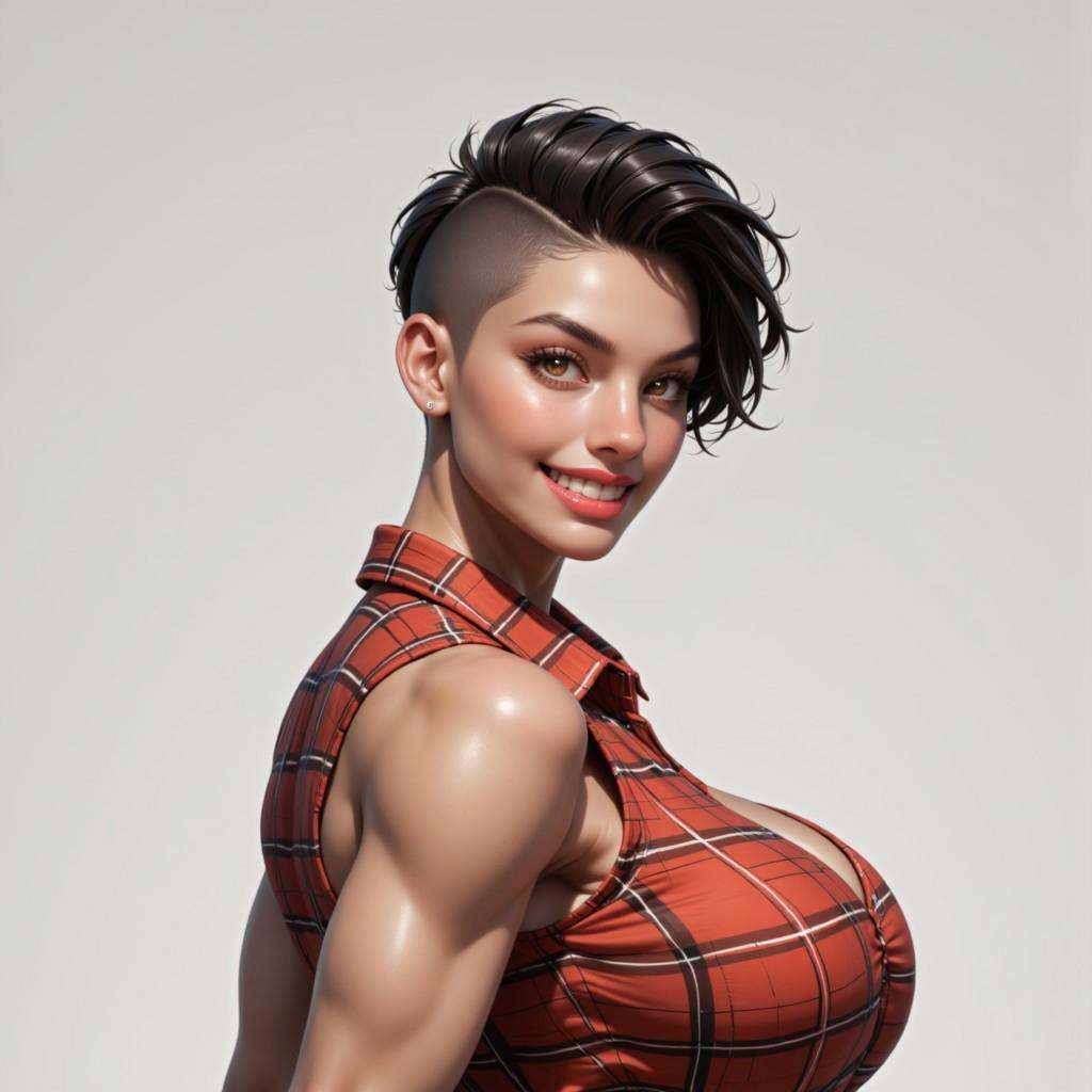 This image is a highly detailed,  photorealistic CGI rendering of a woman posing provocatively. She has a curvy physique w...