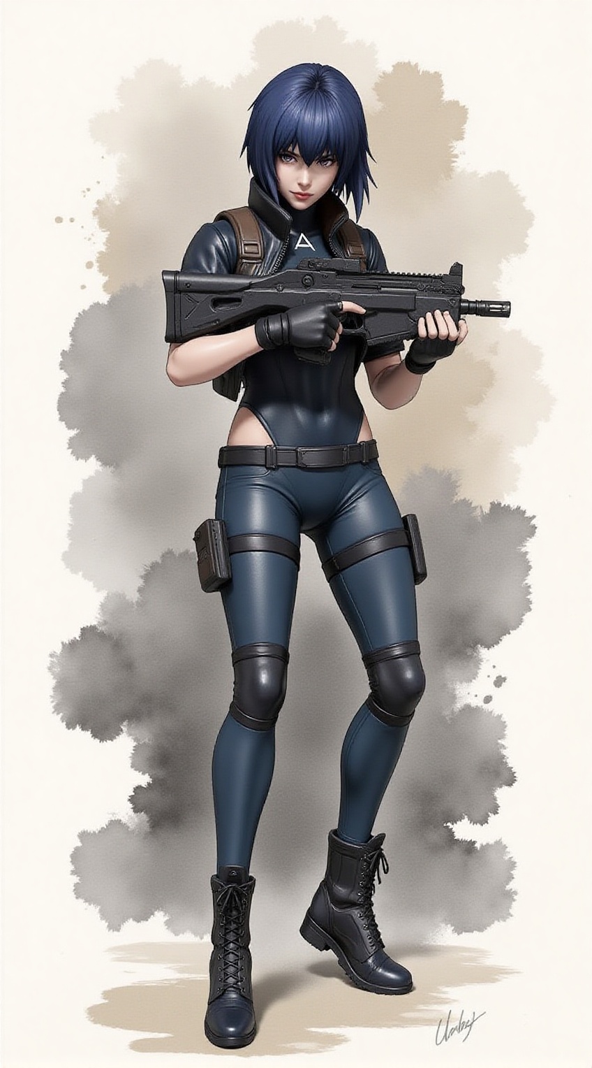 Portrait of kusanagi mokoto in Ghost in a shell,  form-fitting tactical suit,  holding a rifle on Tensor.Art