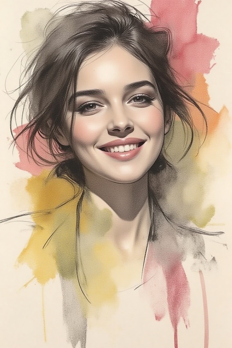 Portrait of a smiling woman,  charcoal \(medium\),  ink and watercolor art style on Tensor.Art