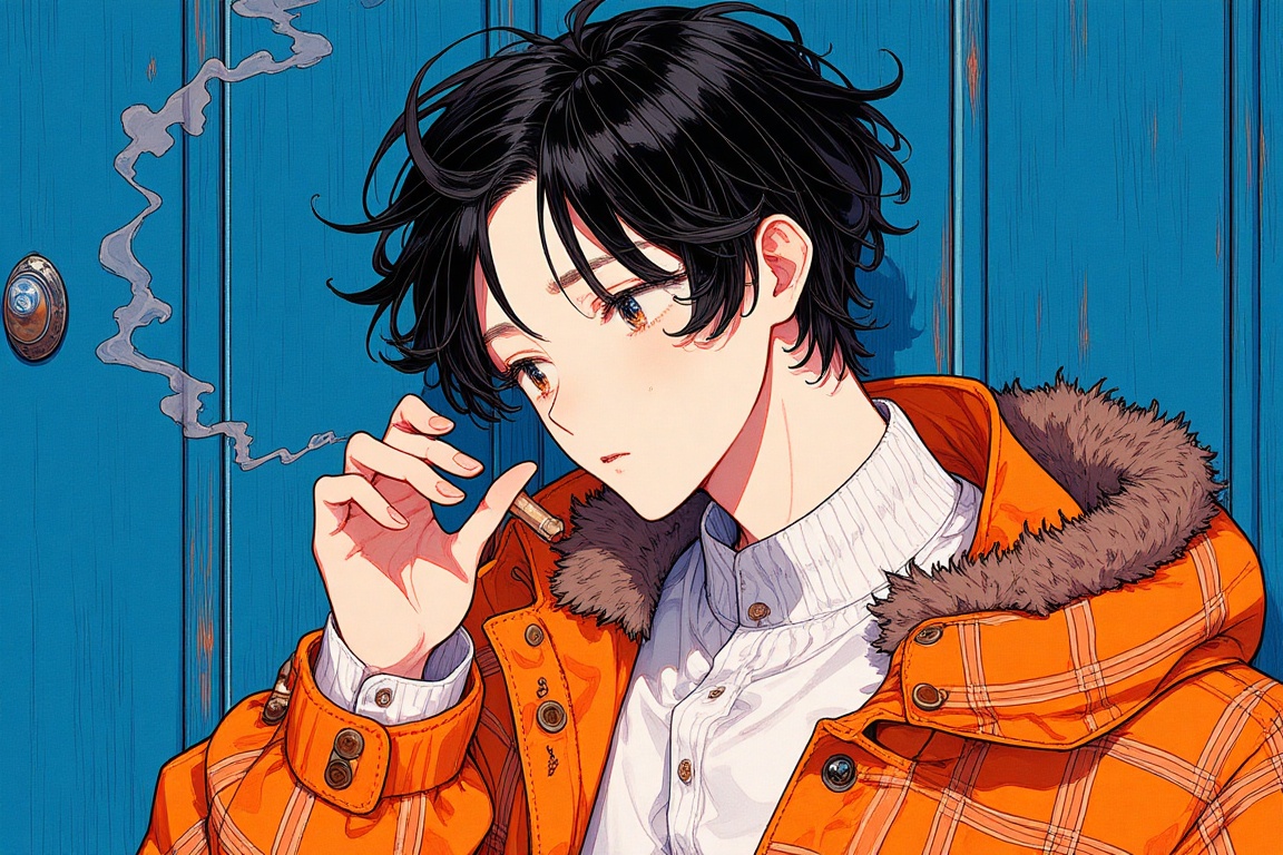 a stylized illustration of a person wearing a vibrant orange plaid jacket with a fur-lined collar over a white shirt. The...