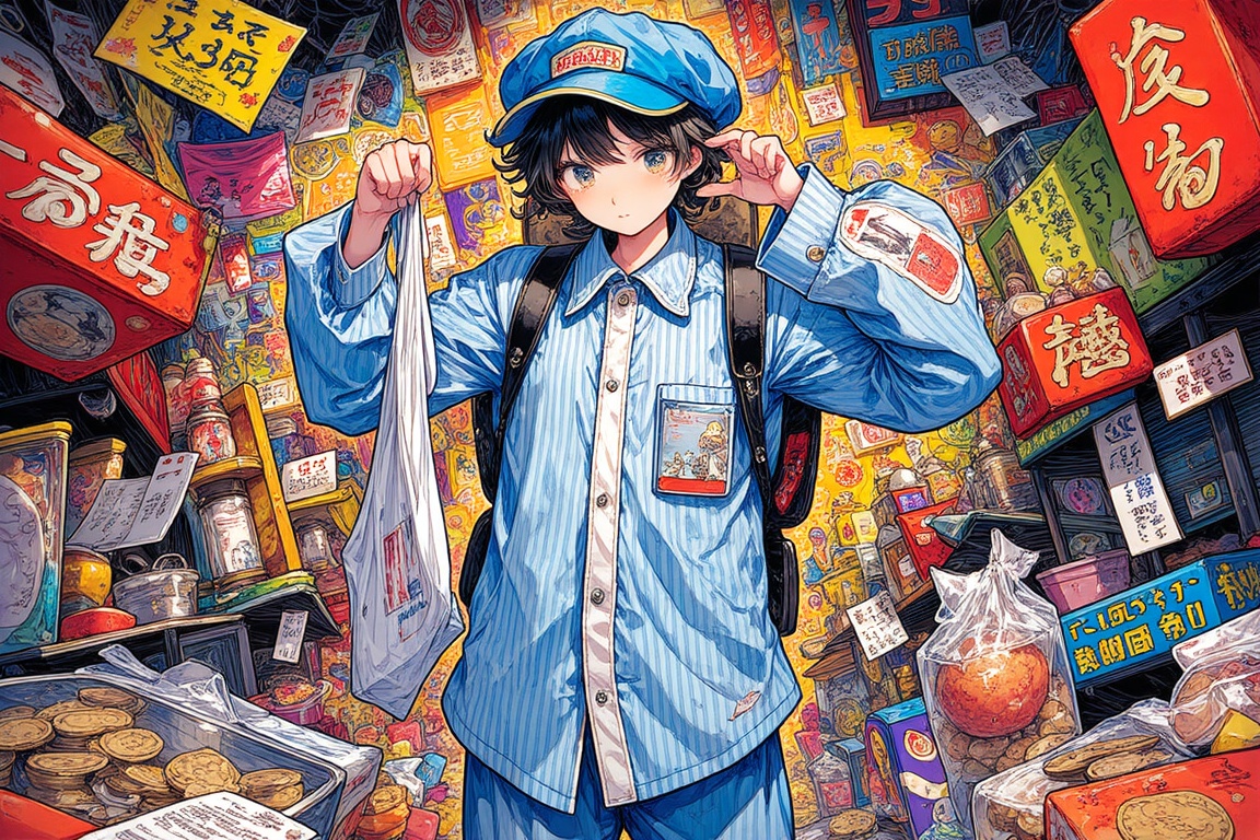 The image depicts a stylized,  colorful scene that combines various elements,  including a person dressed in a blue and wh...