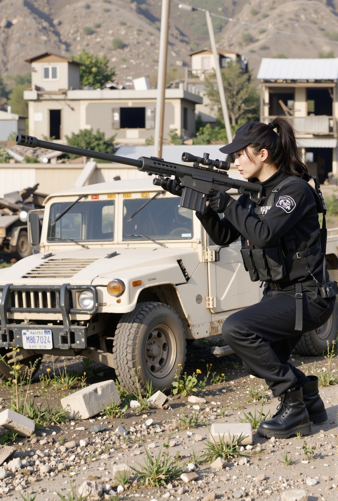 beautiful woman with black ponytail hair wearing a black hat,  wearing black special forces combat clothing,  crouched nex...