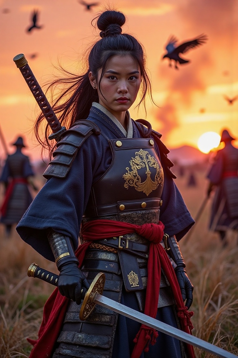 This picture shows a mighty woman with an epic aura * cinematic *,  standing straight in the middle of the battlefield tha...