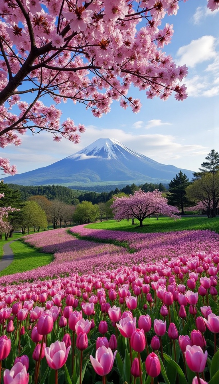 The beautiful view of the sakiran flower is equipped with the atmosphere of Mount Fuji Japan.,  HDcamera,  PHOTOGRAPH on T...