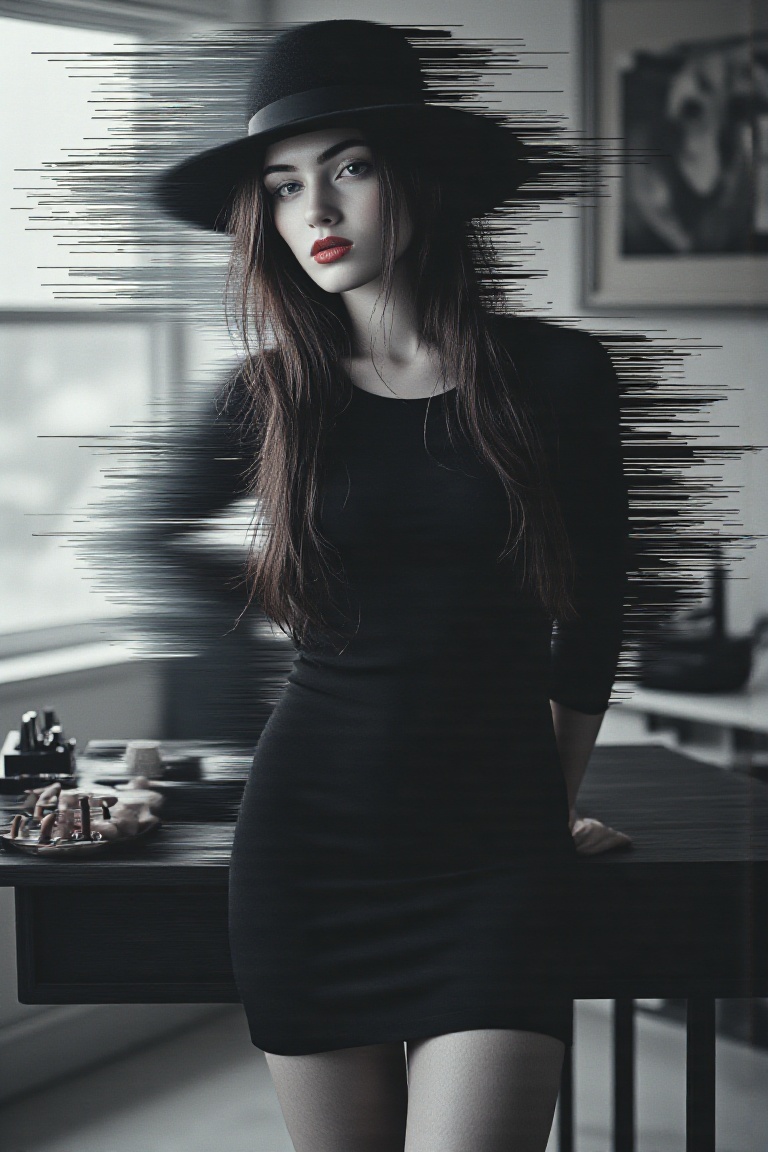 A mysterious woman in a tight pencil skirt and veiled hat leans against a desk,  her red lipstick stark against the monoch...