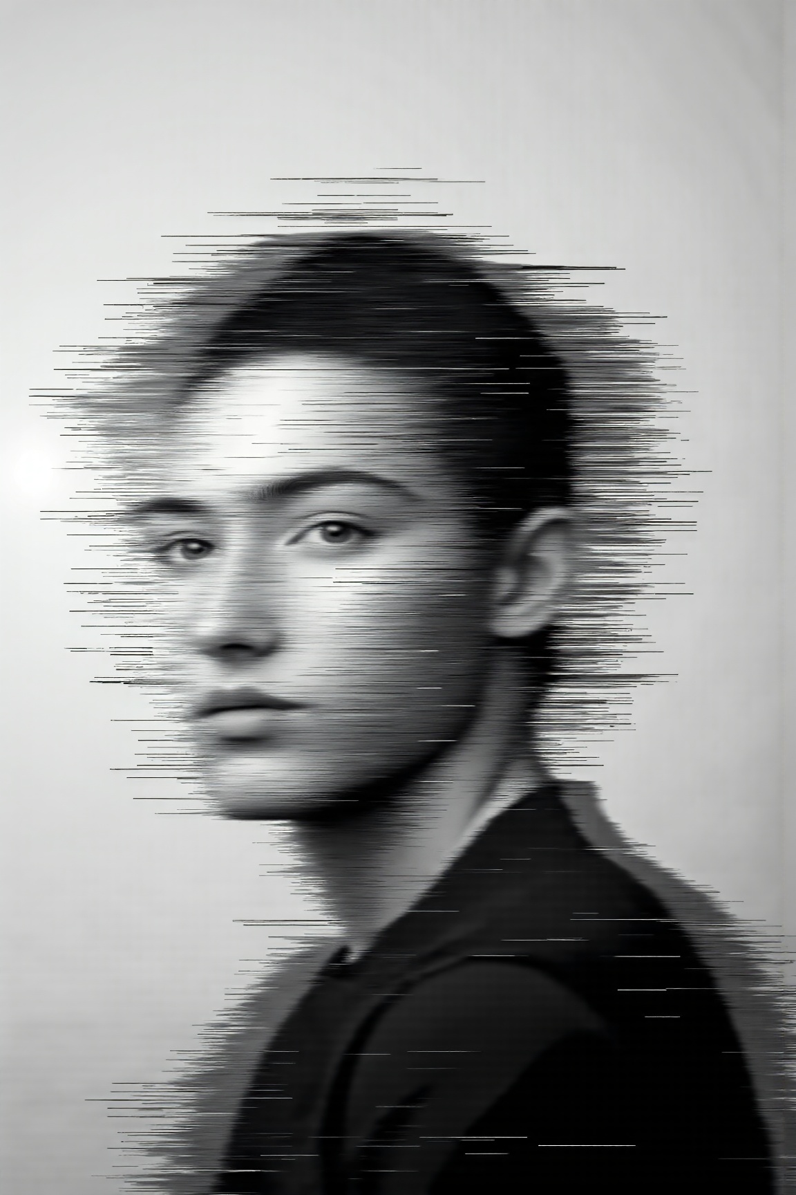 glitch art with linear distortion,  horizontal scan lines and digital interference,  vertical portrait of single human sil...