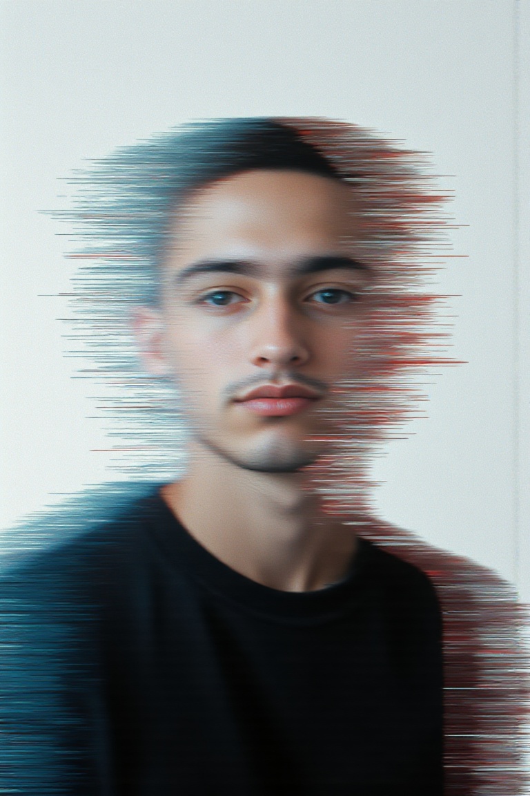 glitch art with linear distortion,  horizontal scan lines and digital interference,  vertical portrait of single human sil...