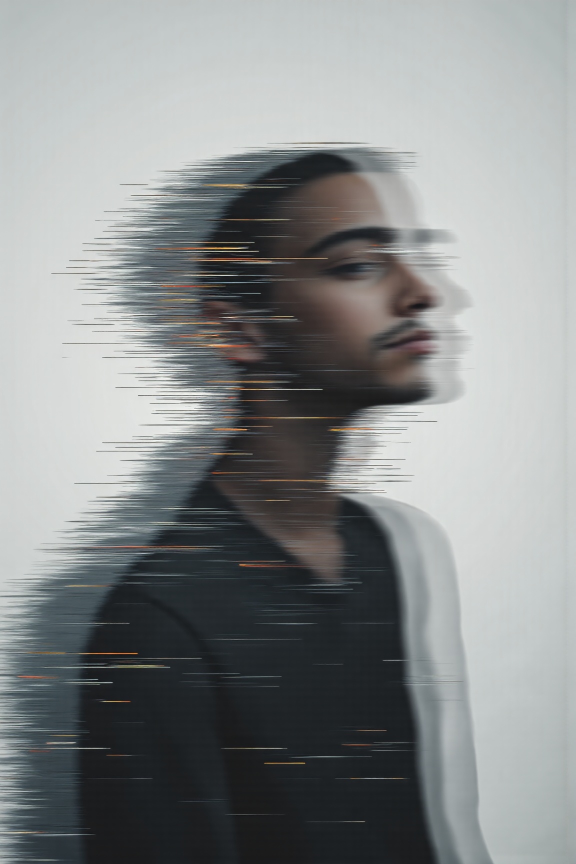 glitch art with linear distortion,  horizontal scan lines and digital interference,  vertical portrait of single human sil...