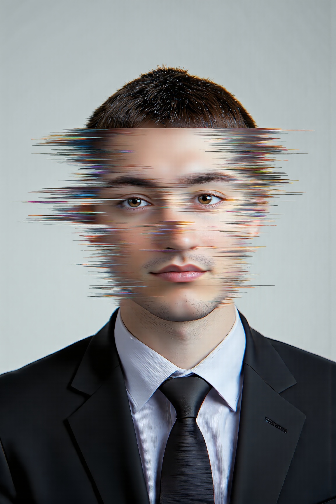 glitch art with linear distortion,  horizontal scan lines and digital interference,  vertical portrait of single human sil...