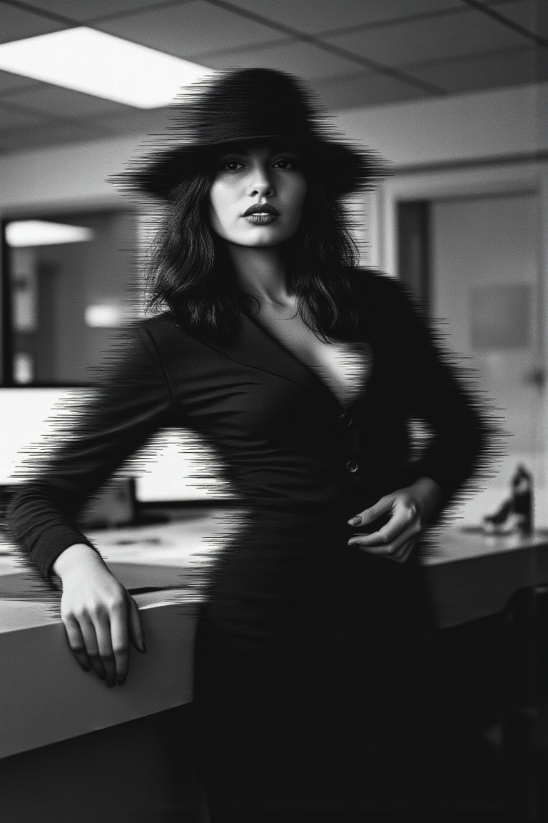 A mysterious woman in a tight pencil skirt and veiled hat leans against a desk,  her red lipstick stark against the monoch...