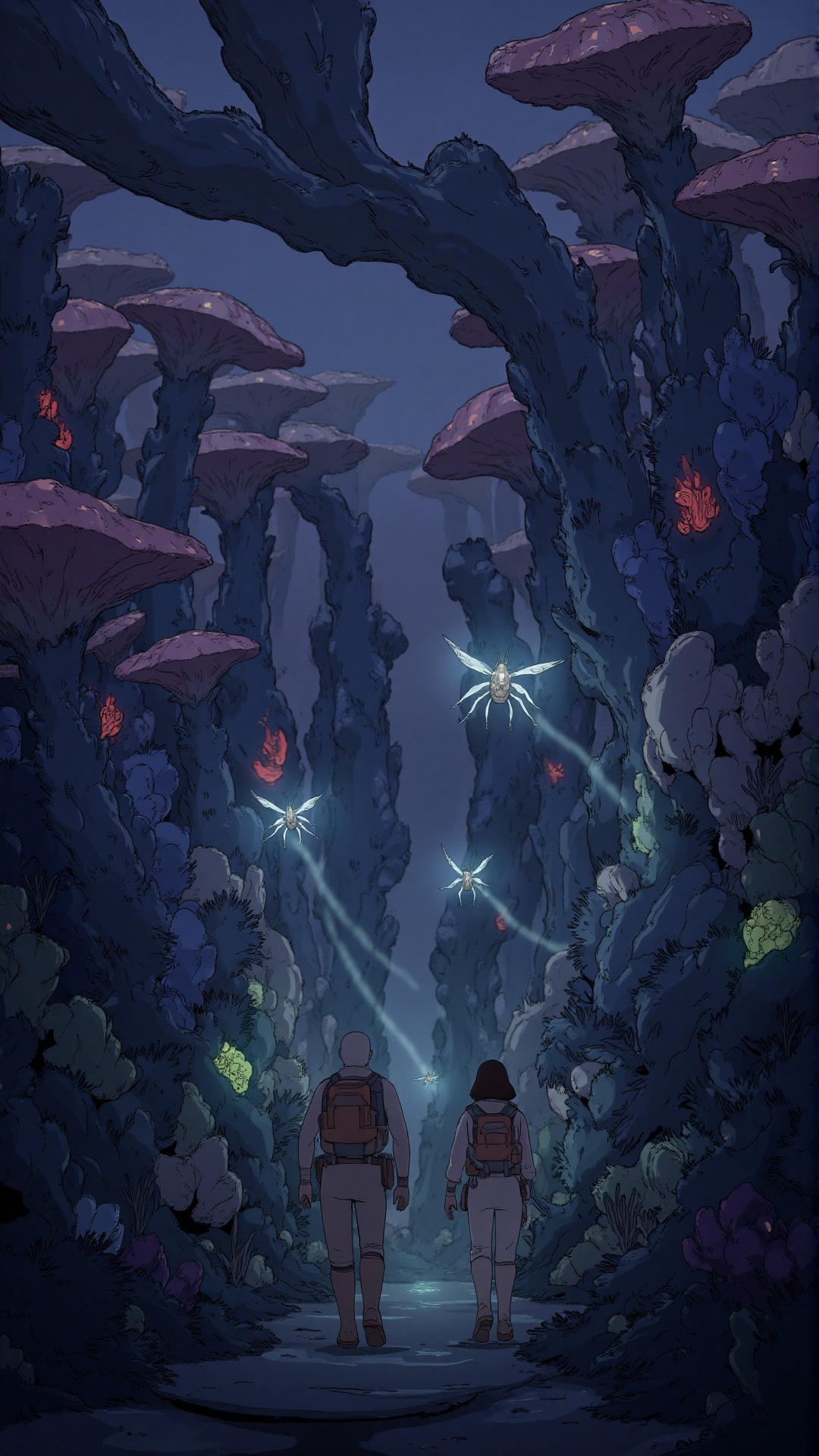 Two explorers traverse a lush,  bioluminescent forest on an alien world. Towering fungal growths and thick vegetation arch...