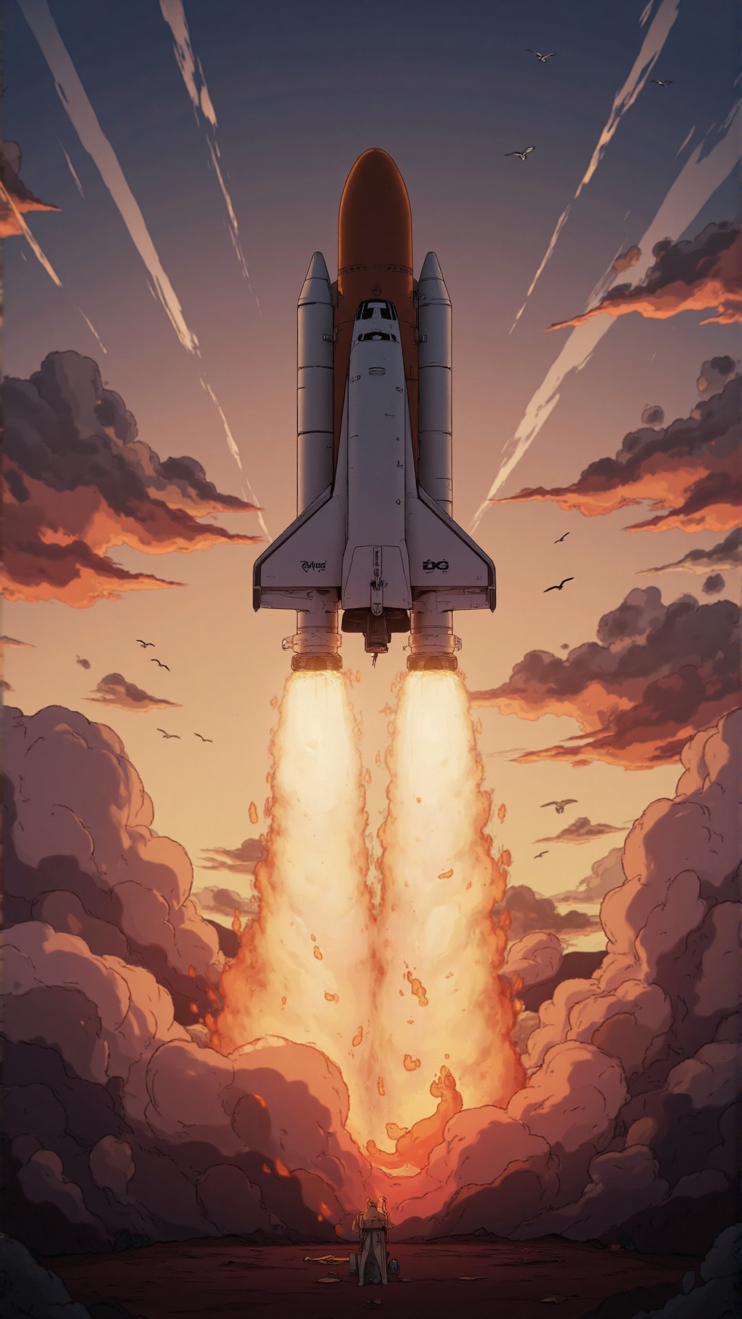 A majestic space shuttle launching into the sky at sunset,  surrounded by fiery orange and red clouds. The powerful rocket...