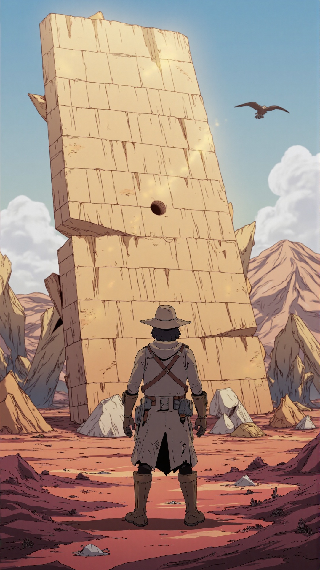 An adventurous explorer stands before a towering ancient pyramid,  bathed in warm golden sunlight. The character wears a r...