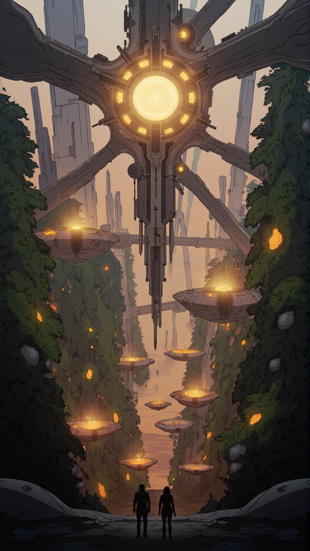 A breathtaking futuristic cityscape glowing with golden lights,  featuring towering sci-fi skyscrapers with intricate,  ci...