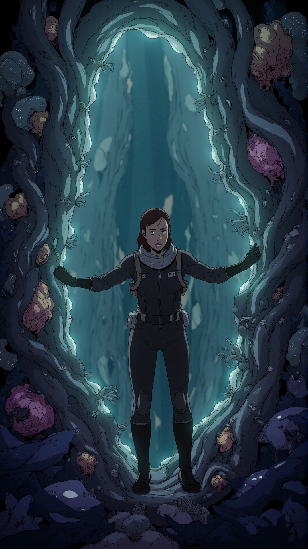 A woman in a sleek,  dark explorer suit stands ensnared in an eerie,  bio-mechanical cocoon. The walls around her pulsate...