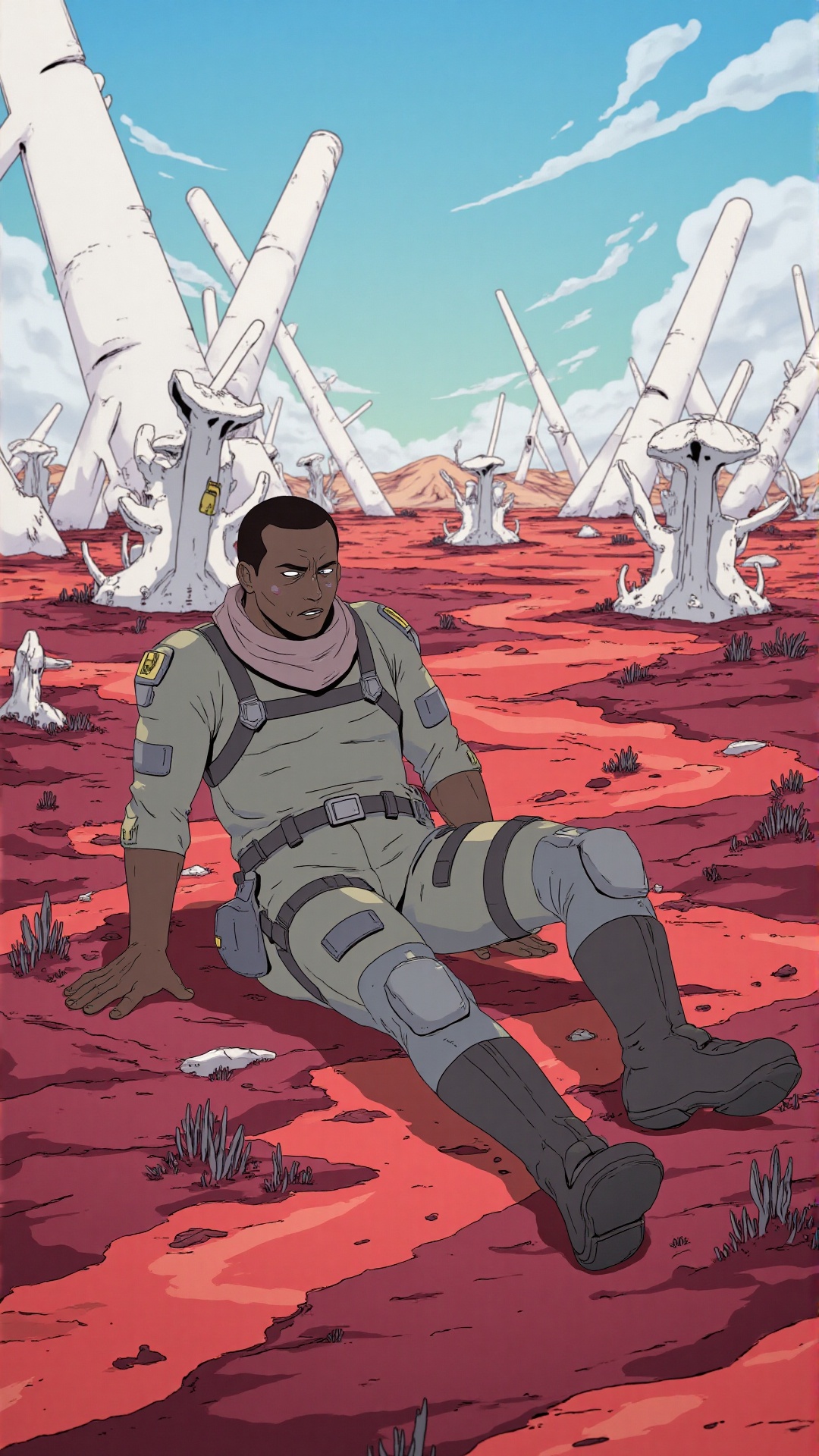 A lone survivor rests on the scorched red sands of an alien desert,  exhaustion evident in his posture. He wears a rugged,...