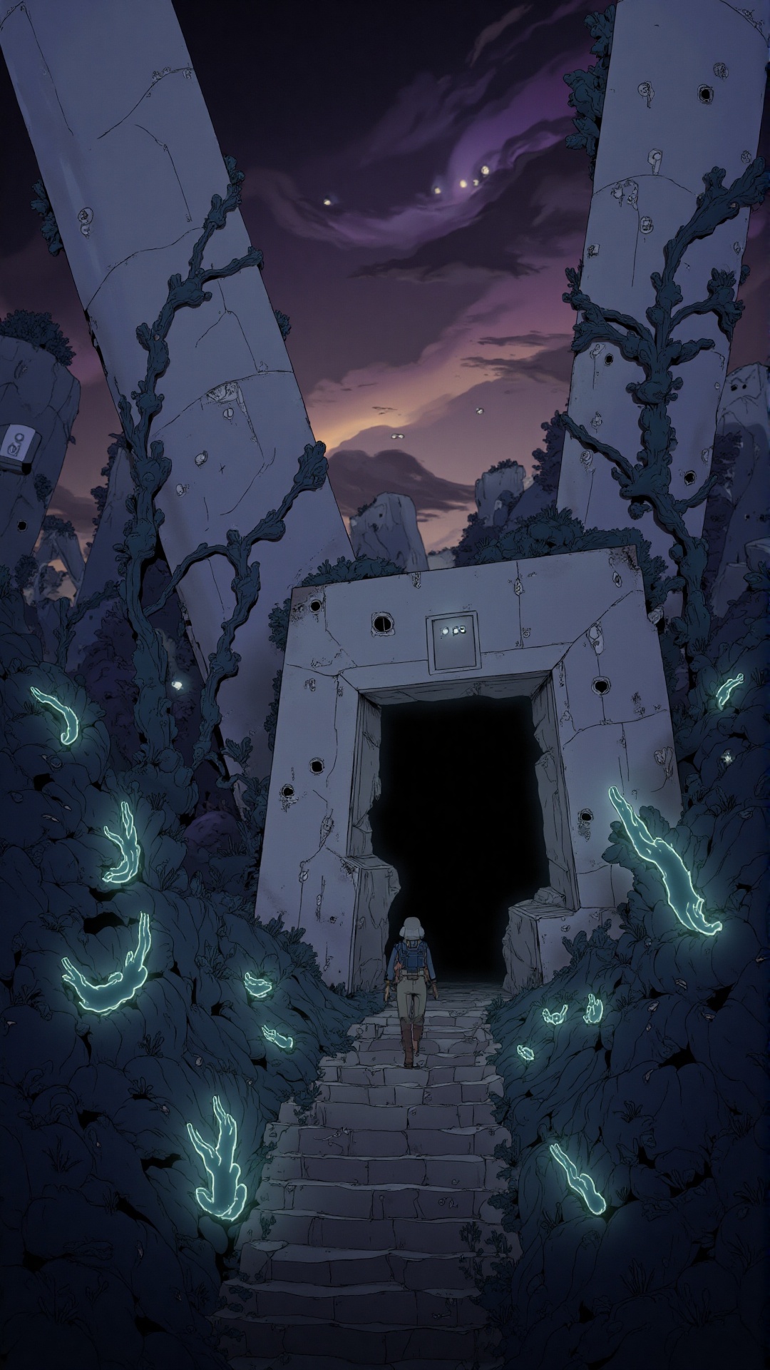 A lone adventurer stands at the edge of a massive,  ancient ruin,  overgrown with strange on Tensor.Art