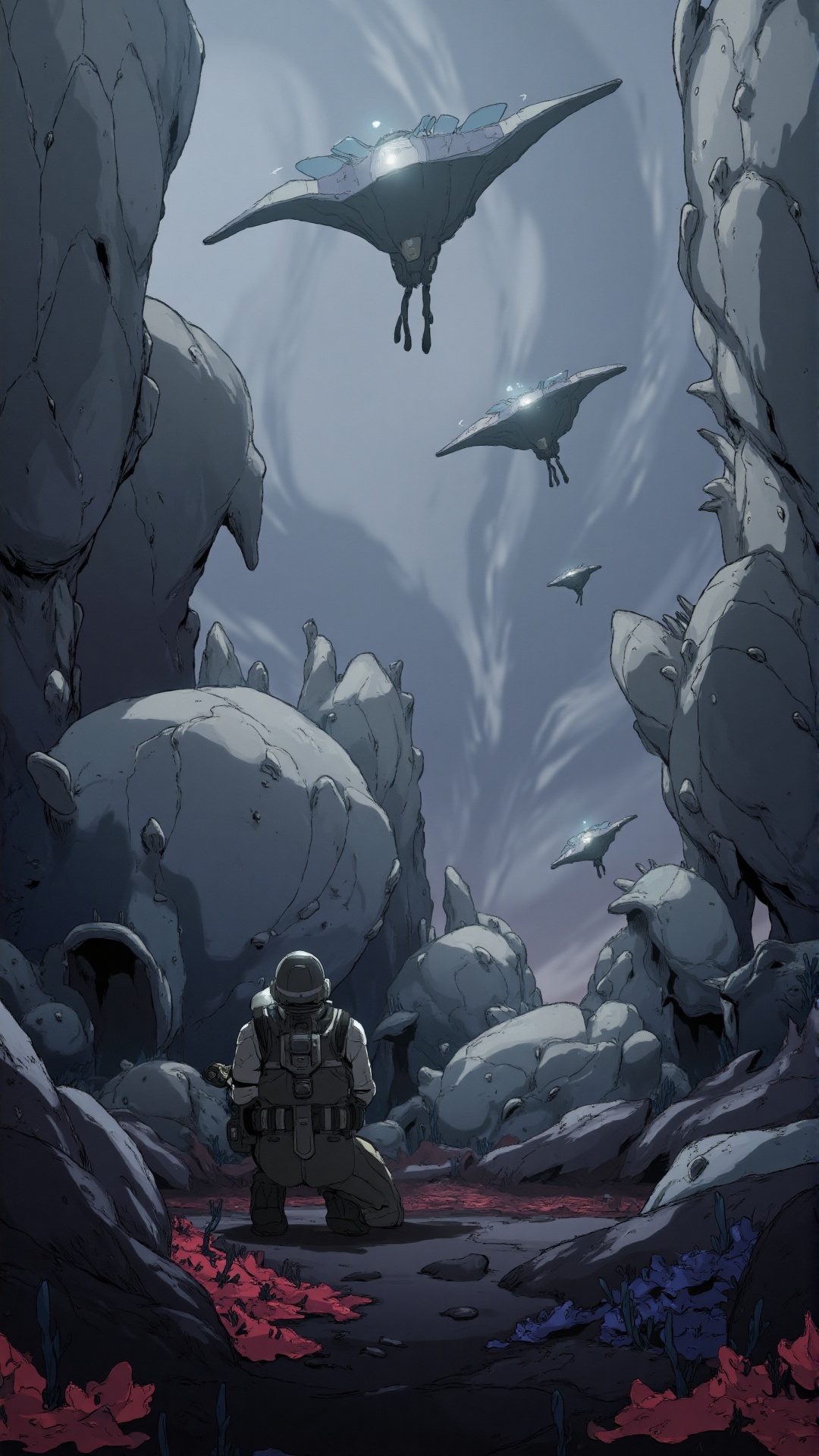 An explorer gazes in awe at colossal floating rock spires,  defying gravity above an alien landscape. The sky is filled wi...
