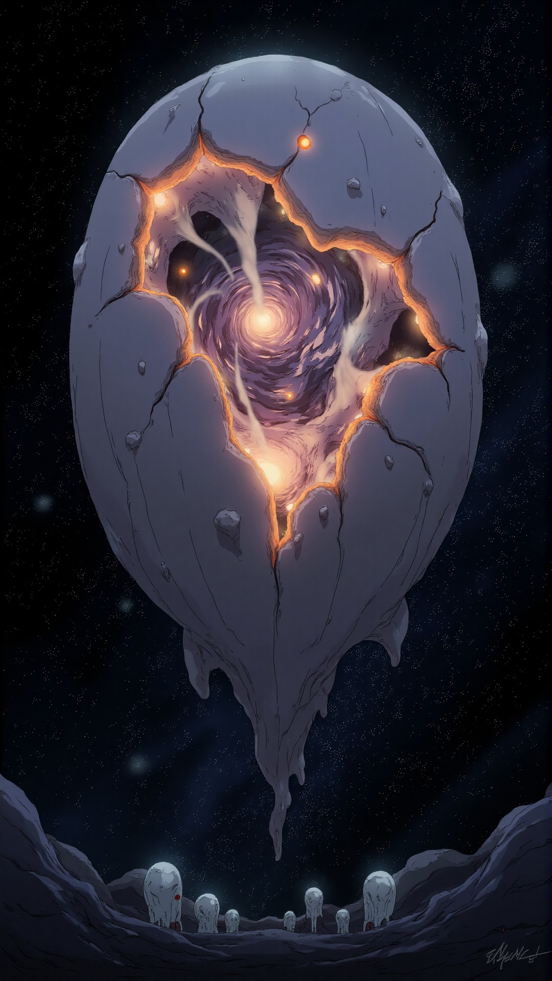 Sci-fi illustration,  a massive cosmic egg floating in the void of space,  cracks glowing with the power of creation on Te...