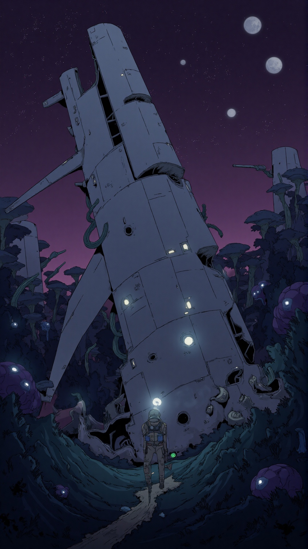 A massive,  broken starship lies half-buried in the lush alien wilderness,  its metal hull corroded and overgrown with bio...