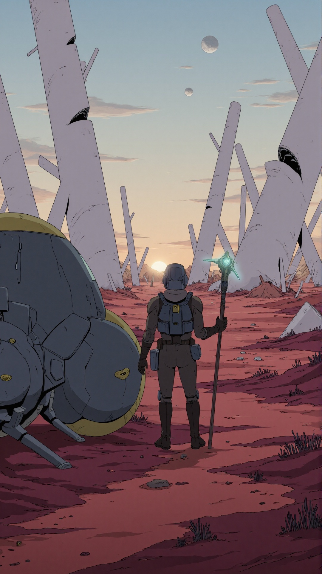 A lone traveler clad in futuristic armor stands beside a high-tech hoverbike,  gazing at a desolate alien landscape. Tower...