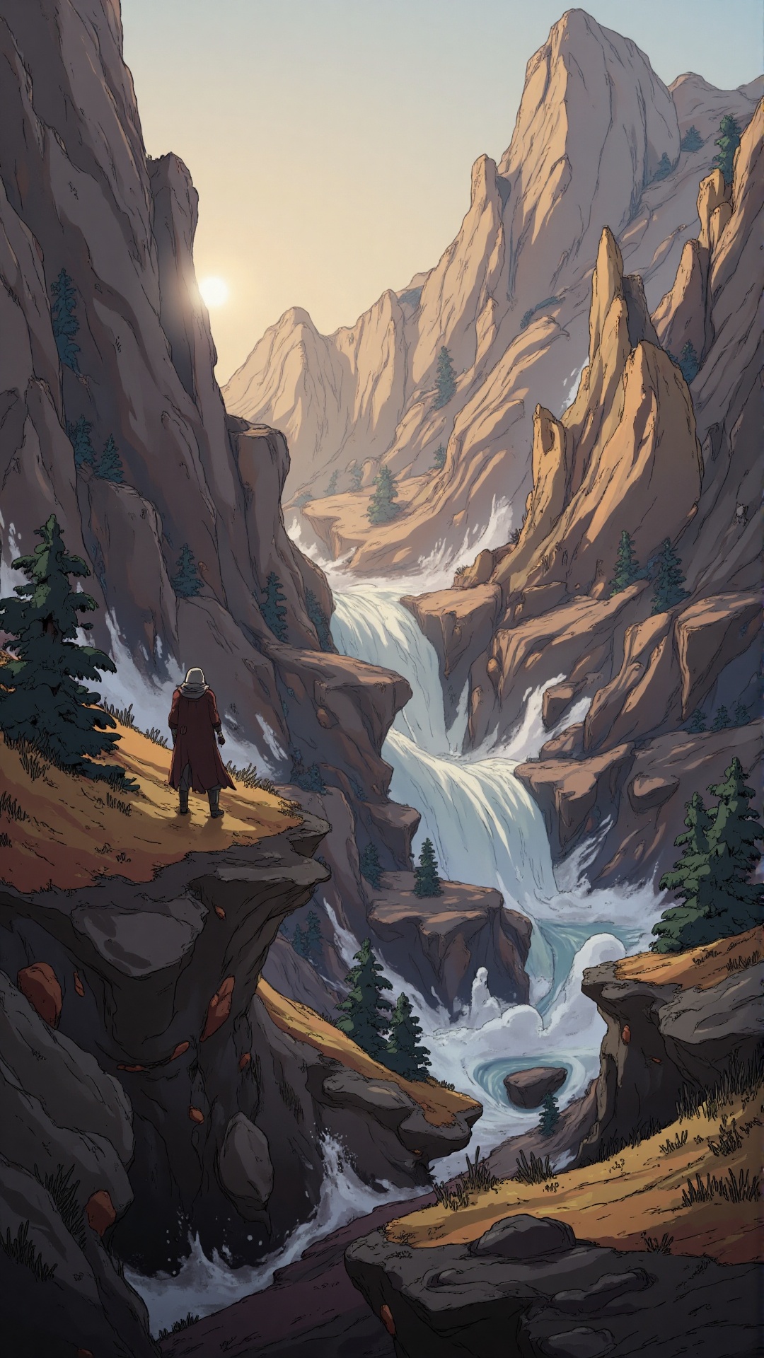 A breathtaking mountainous landscape with jagged cliffs and towering peaks,  bathed in the warm golden hues of a setting s...
