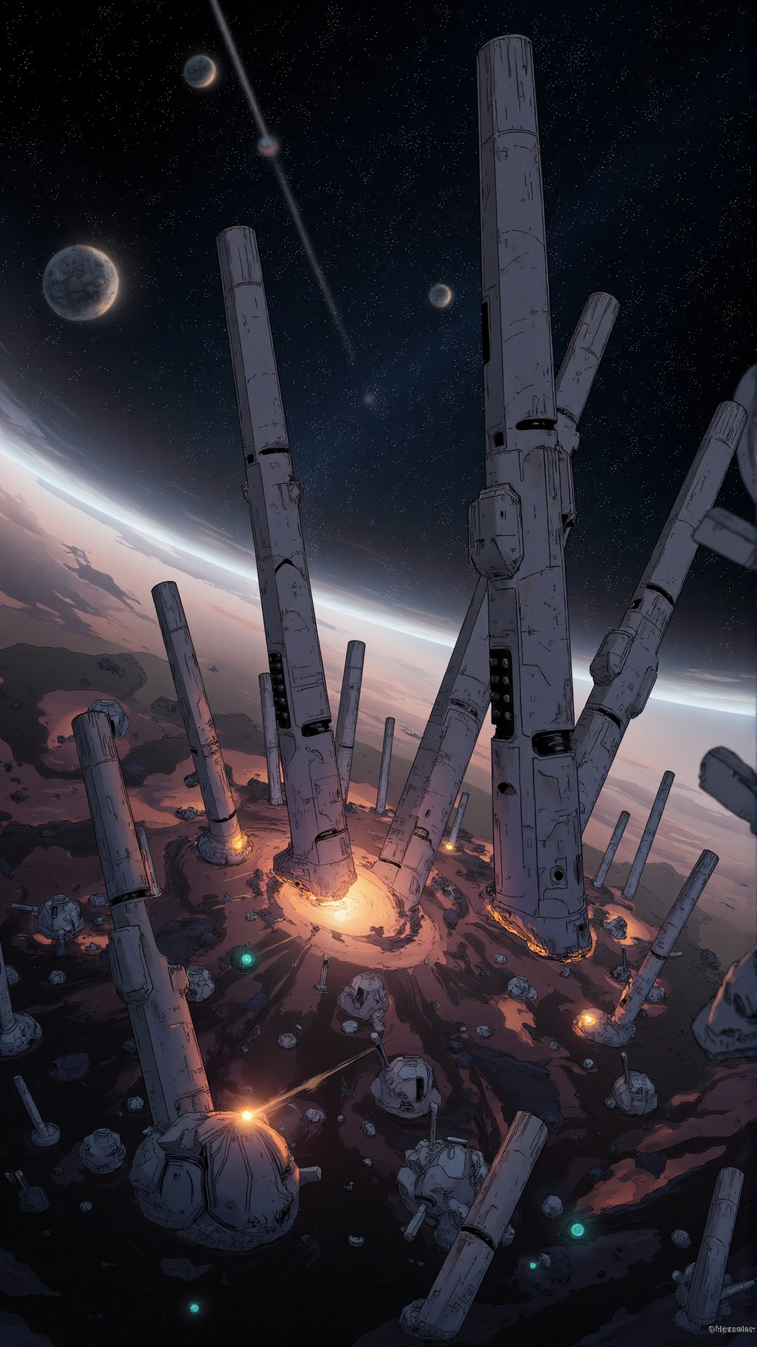 Sci-fi illustration,  the dawn of a new galactic empire,  massive starships assembling above a newly colonized planet on T...