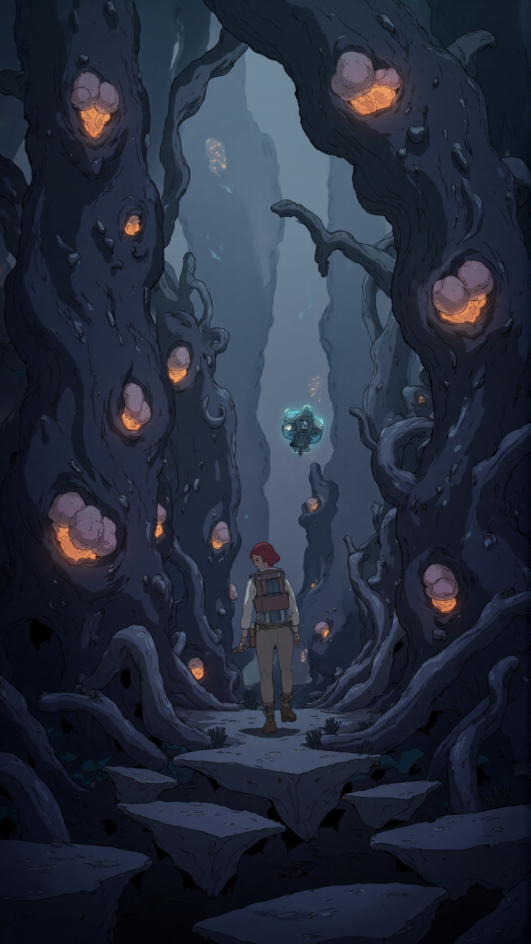 A young adventurer with short,  red hair cautiously explores an enormous underground cavern on an alien world. The cavern...