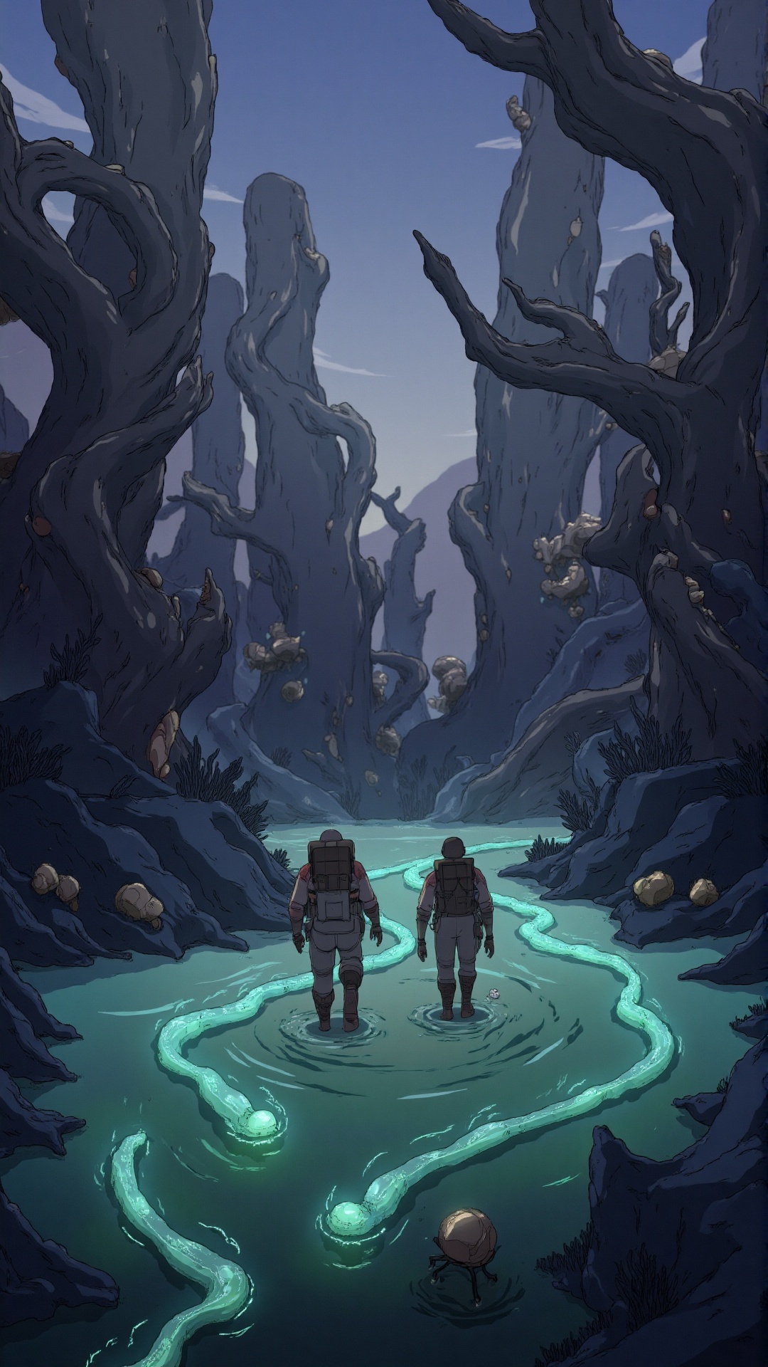 A pair of travelers cautiously wade through a shallow,  iridescent river that glows under the twilight sky. Strange,  tran...