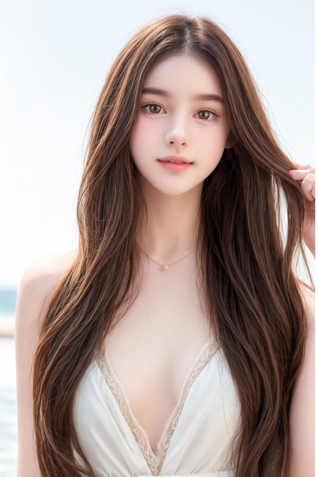A whimsical portrait of the serene teenage girl,  her long hair styled in loose waves framing her delicate features agains...