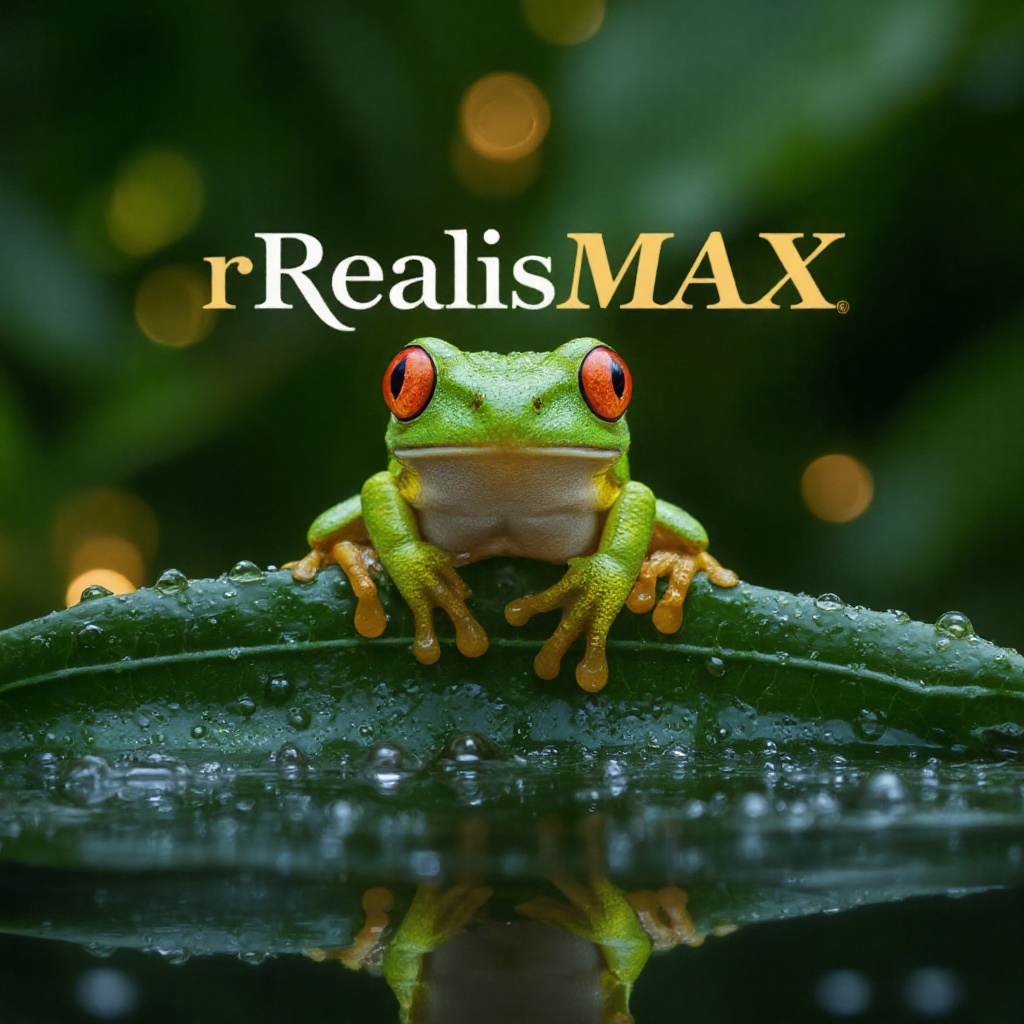 elegant big white with yellow outline text "rRealisMAX" at the center behind a frog,  Stunning gold award-winning photogra...