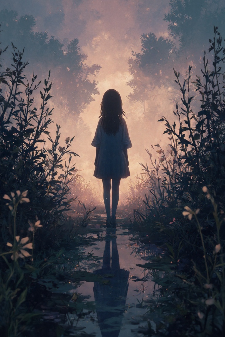 An atmospheric anime of a beautiful woman,  19 years old girl,  bold village in a marsh on Tensor.Art