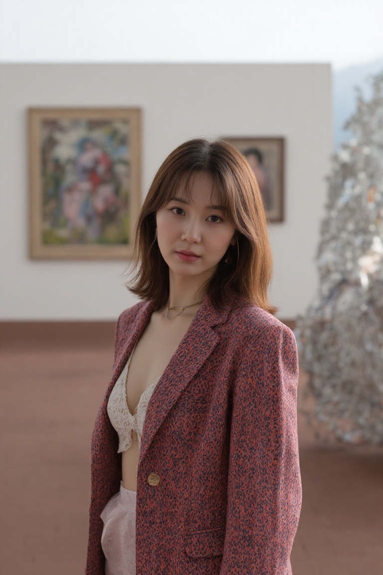 A photo of a 23-year-old Korean woman standing in front of a modern art installation during the day. She's dressed in a bo...