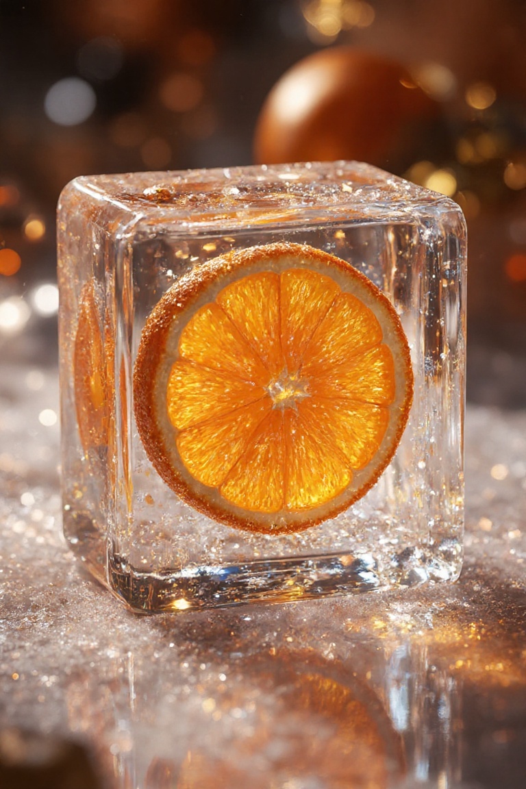 3D render,  realistic,  shining orange slice inside faceted ice cube on Tensor.Art