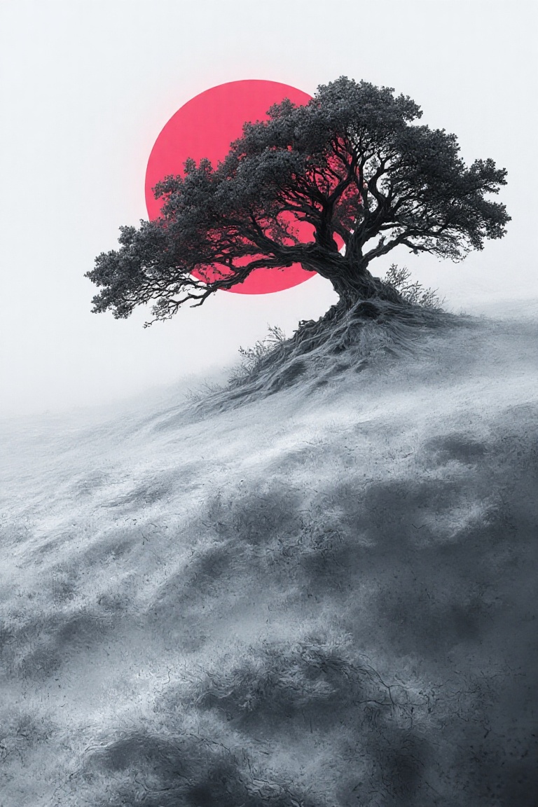 Abstract,  white fleecy hill,  sprawling black and white tree on Tensor.Art
