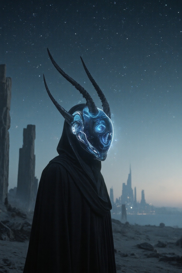 Cinematic,  futuristic scene featuring a close-up portrait of a mysterious figure wearing a dark,  flowing robe. The figur...