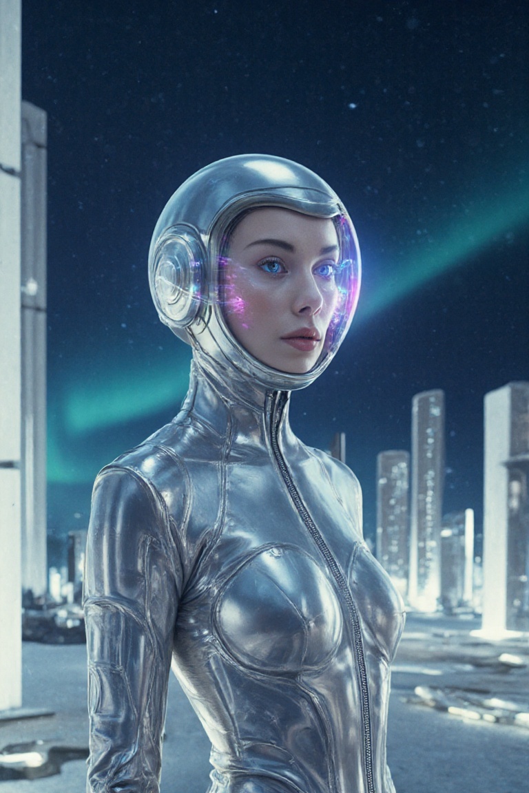 Cinematic,  futuristic scene featuring a face-focused close-up portrait of a mysterious stunningly beautiful slender femal...