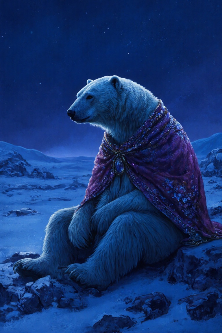 In this captivating realistic shot,  an anthropomorphic polar bear dressed in a richly textured,  jewel-toned shawl sits c...