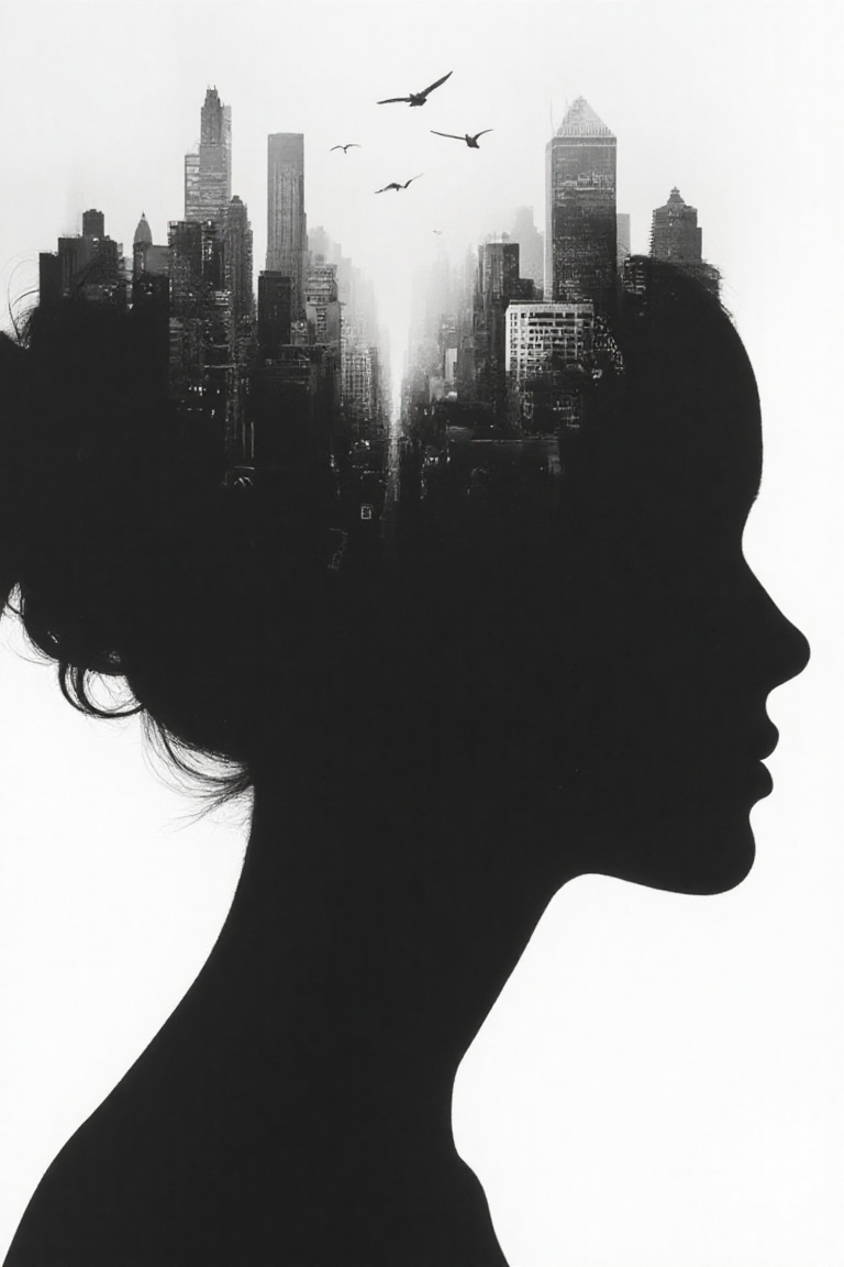 silhouette of a woman head,  within which there appears to be a cityscape with buildings. (birds FLY BETWEEN BUILDINGS,  I...