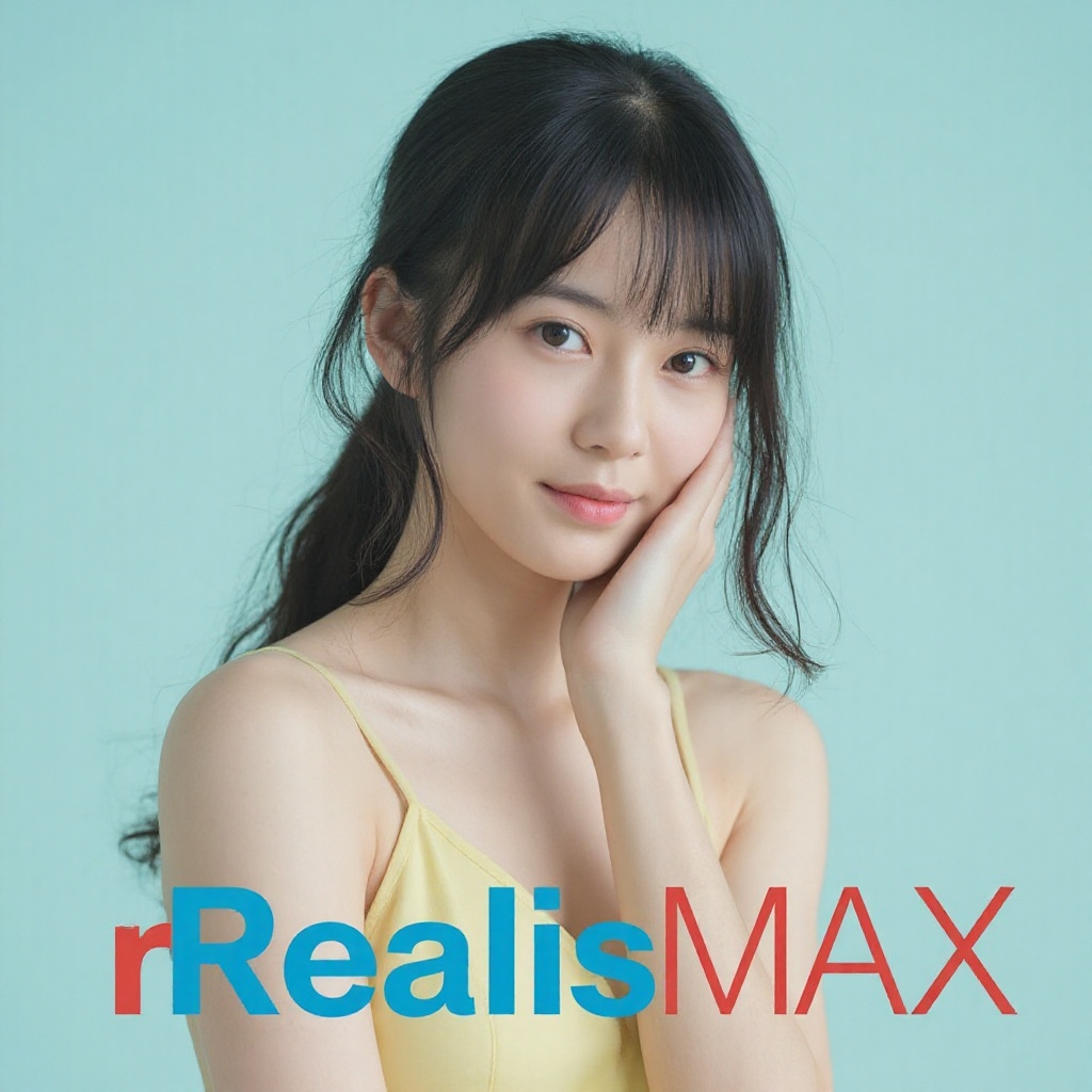 bold text prominent is blue text "rRealisMAX" and "V2.5" in red,  in front of her as caption. A high-resolution photograph...