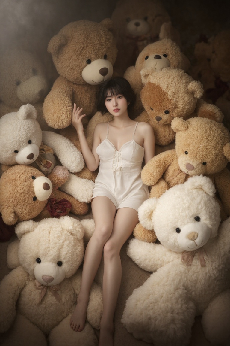 a realistic photographic-style scene of a japanese woman with short hair and a natural body,  lying languidly amidst a col...