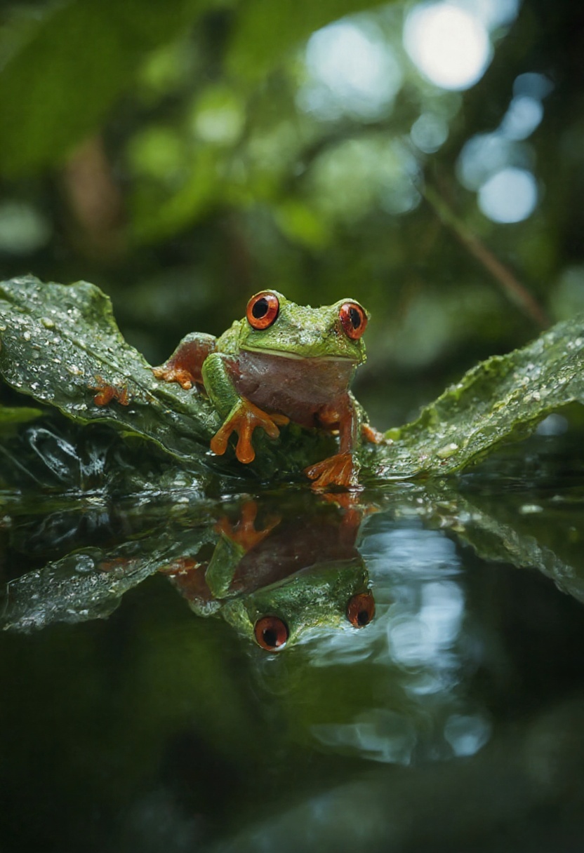 Stunning gold award winner photography an Ultra-detailed close up shot full body of A neon green poison arrow frog clingin...