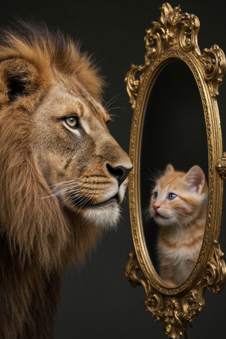 A ferocious dangerous lion looks into a golden mirror,  and in the mirror shows a frightened little kitten with big eyes a...