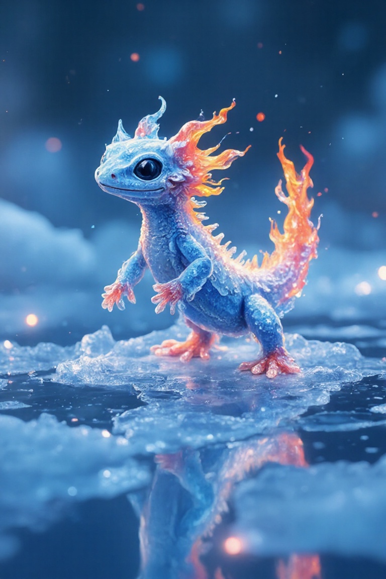 An adorable,  hyper-stylistic ice salamander stands on a sheet of cracked ice,  its body a mesmerizing fusion of frosty bl...