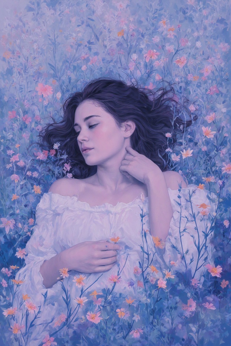 A young woman lies in a field of wildflowers,  creating a dreamy,  surreal atmosphere. The overall color is a mixture of s...